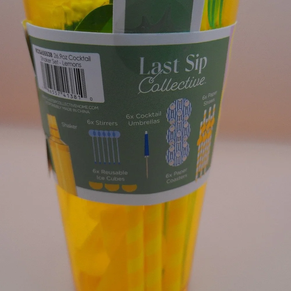 Last Sip Collective Yellow Lemon Cocktail Shaker Set 33 Pc Reusable Ice Cubes